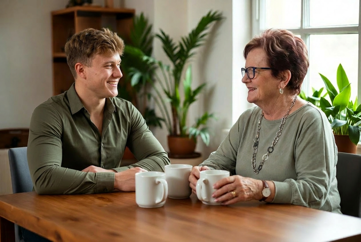 A Doorstep team member having a warm conversation with a homeowner over coffee